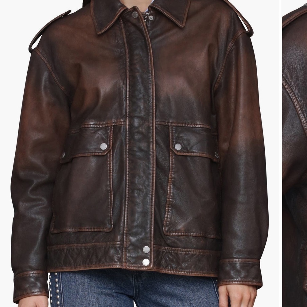 Avec Les Filles Burnished Brown Leather Bomber Jacket Oversized Large - Picture 4 of 12